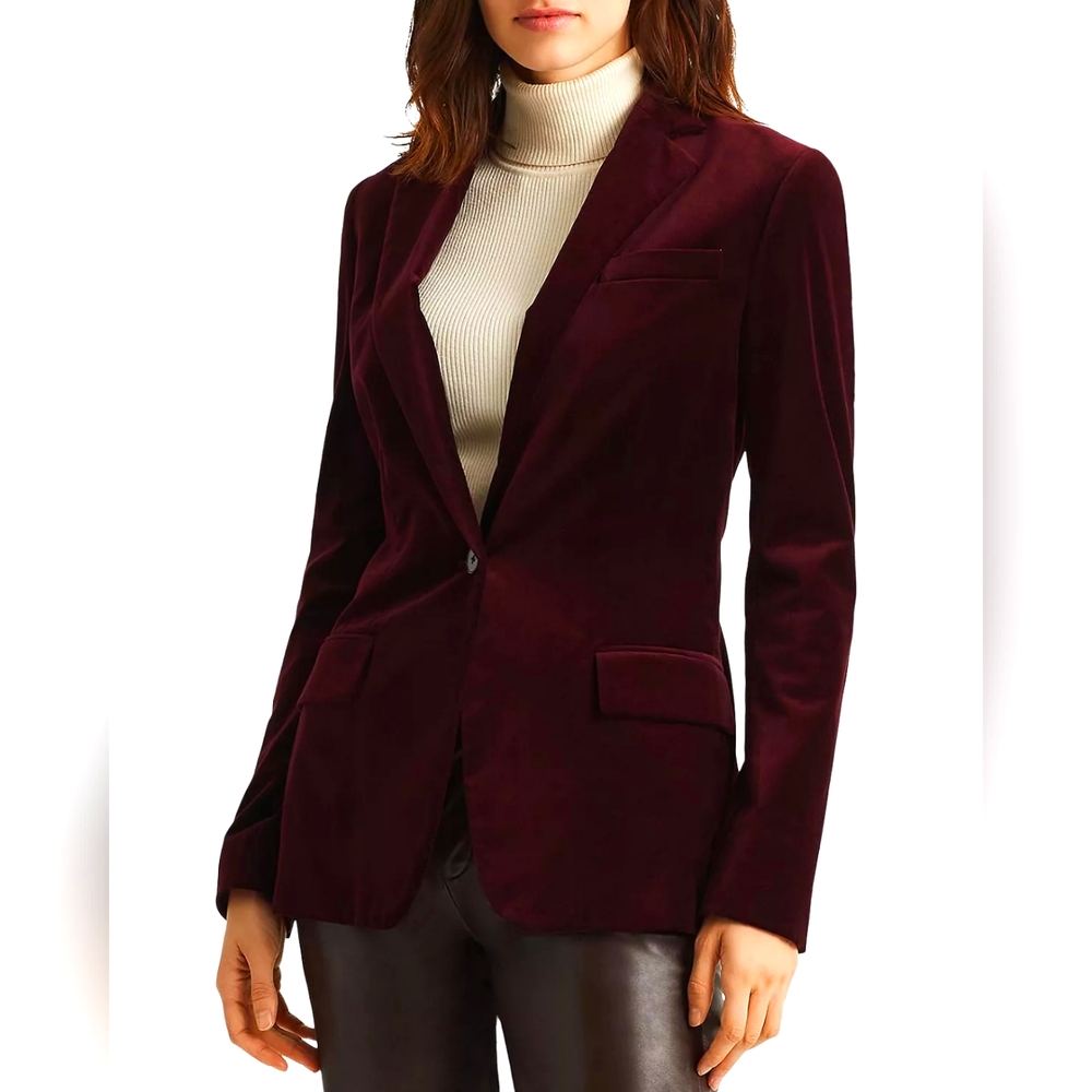 Lauren Ralph Lauren Velvet One Button Burgundy Women's Blazer Jacket Size 16
